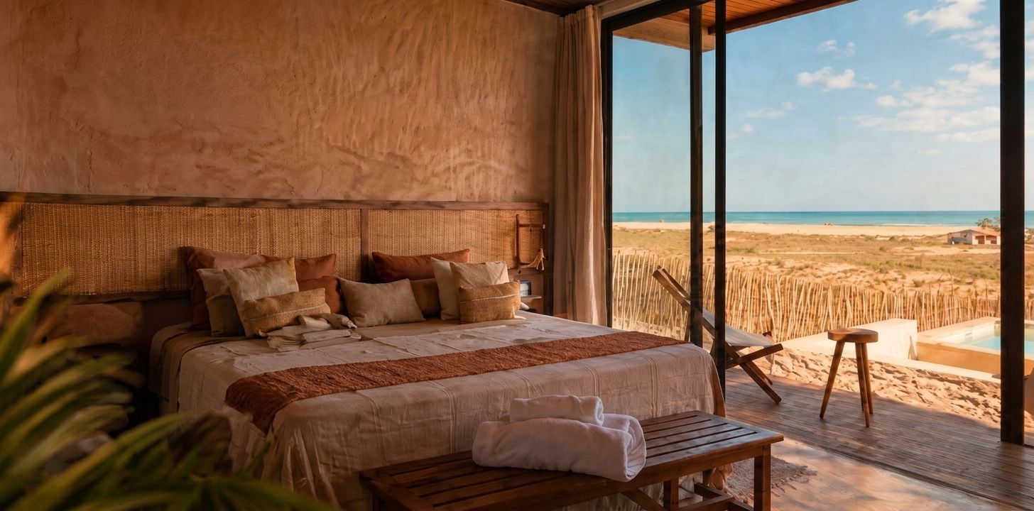 Quarto com cama de casal e cabeceira de palha, aberto para um deck de madeira com vista para as dunas e o mar